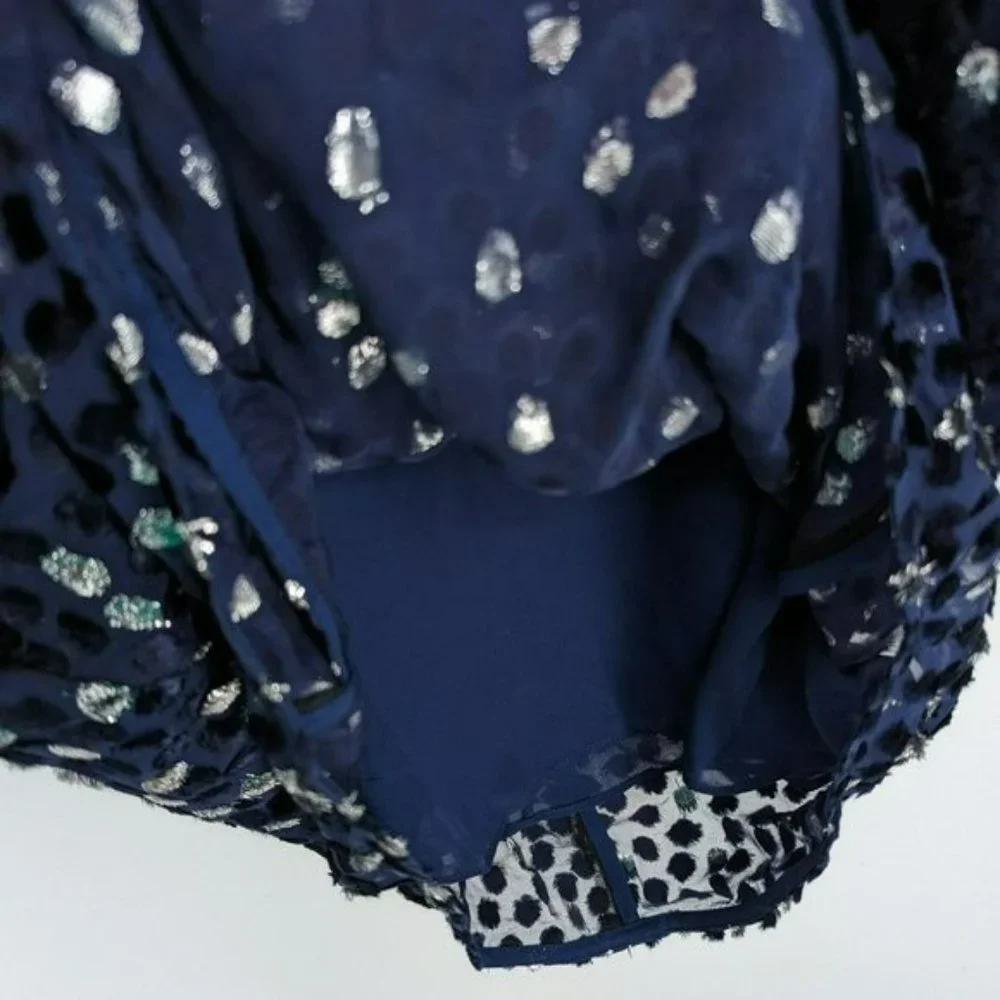 Kate Spade Scatter Dot Dress 6 Navy Silver Faux Wrap Ruffle Velvet Long Sleeve